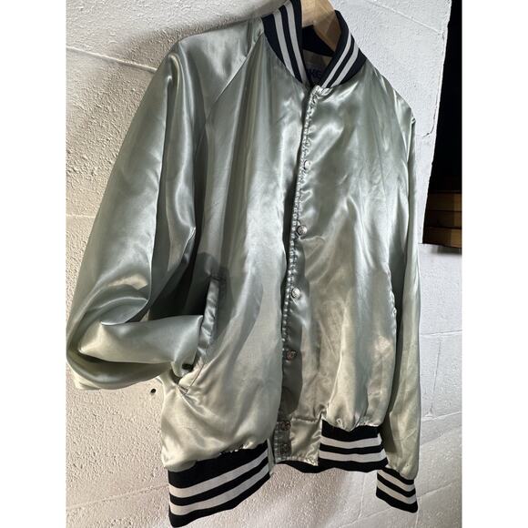 Vintage Satin Bomber Jacket Unisex Large Gray 70s 80s Harrington Coat Varsity - Picture 8 of 9